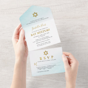 Bar Mitzvah Aquarela Azul Dourado Pastel