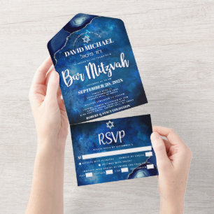 Bar Mitzvah Blue Galaxy Agate Watercolor Script