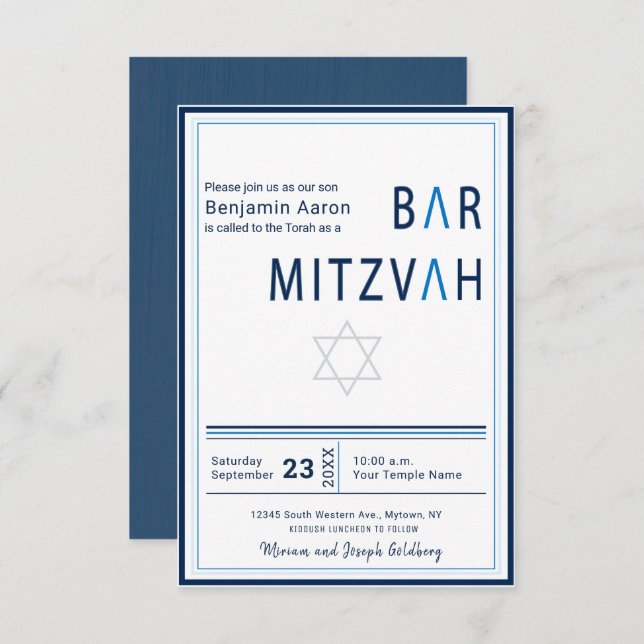 Bar Mitzvah Blue Stripe Modern Convite (Frente/Verso)