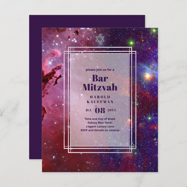 BAR MITZVAH CARDS Celestial CÉus Azul Galáxia Dour (Frente/Verso)