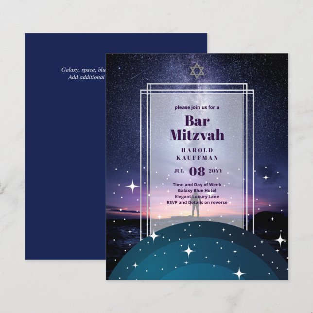BAR MITZVAH CARDS Celestial CÉus Azul Galáxia Dour (Frente/Verso)