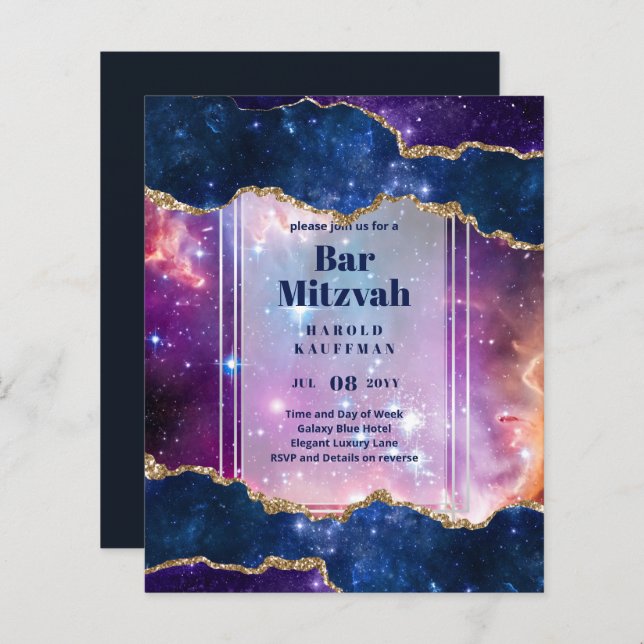 BAR MITZVAH CARDS Celestial CÉus Azul Galáxia Dour (Frente/Verso)