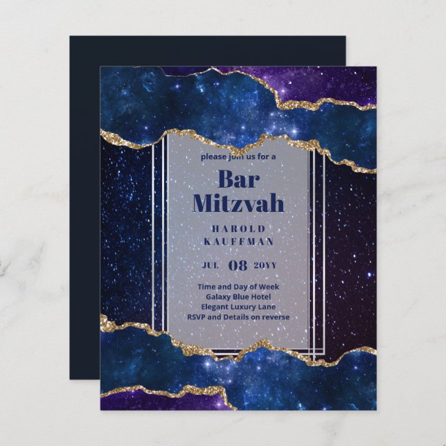 BAR MITZVAH CARDS Celestial CÉus Azul Galáxia Dour (Frente/Verso)