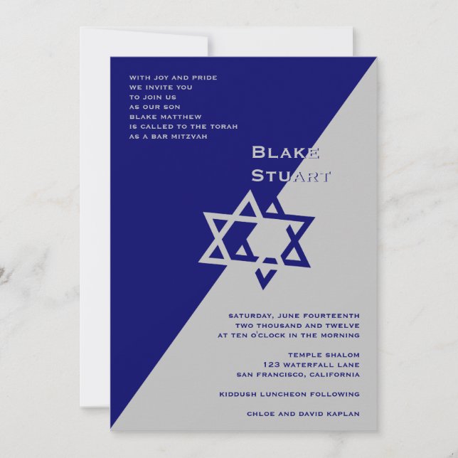 Bar Mitzvah Convite Blake Blue Silver (Frente)