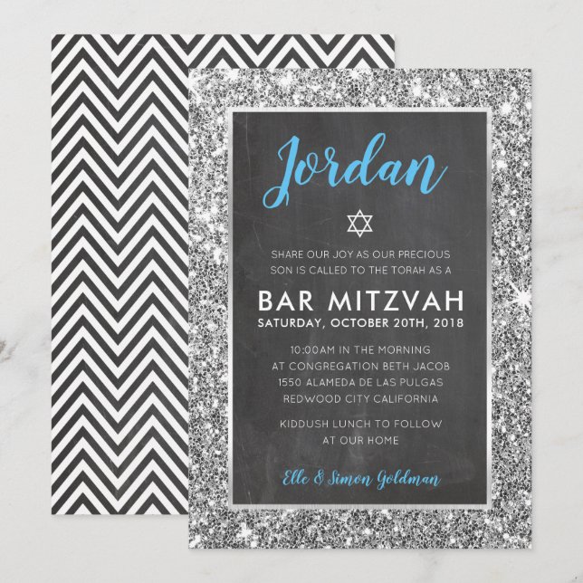 BAR MITZVAH convite para brilho legal de prata do  (Frente/Verso)