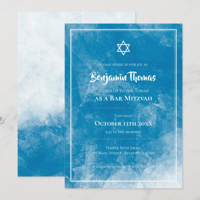 Bar Mitzvah - Convites | Blue Ombre (Frente/Verso)