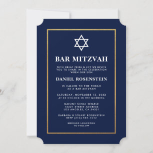 Bar Mitzvah Elegante Blue e Dourado Convite