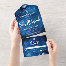 Bar Mitzvah Galáxia Azul Aquarela Ágata Script