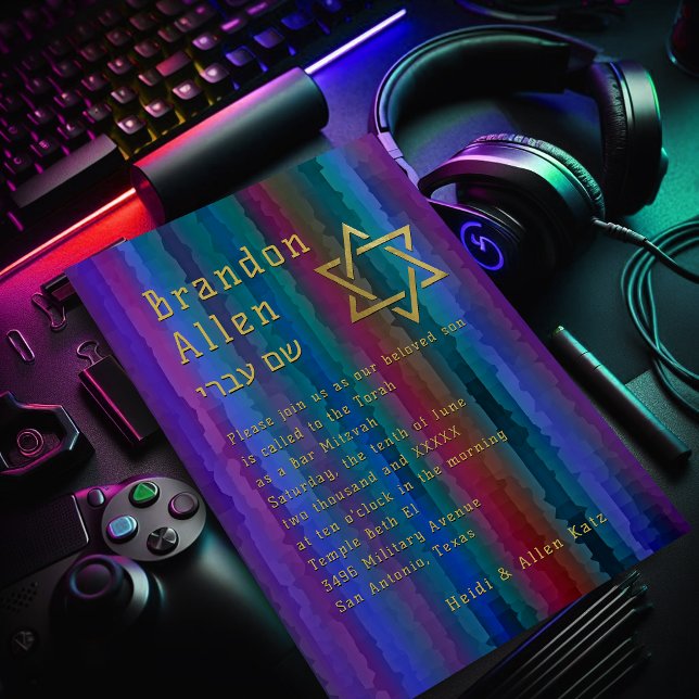 Bar Mitzvah Jewel Tone Streaks Convite (Criador carregado)