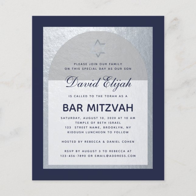 Bar Mitzvah Marinho Azul Prateado Convite Orçament (Frente)
