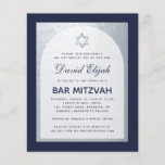 Bar Mitzvah Marinho Azul Prateado Convite Orçament<br><div class="desc">Um convite de bar mitzvah. Em um fundo retangular azul marinho,  ele tem um arco azul-prateado falso que tem um marinho de texto azul sobre fundo branco. O nome é escrito num guião caligráfico elegante;. Há (faux) uma estrela prateada de David acima do texto.</div>