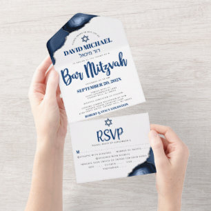 Bar Mitzvah Marinho Blue Agate Script Party Modern