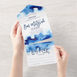 BAR MITZVAH moderno com letra azul em aquarela
