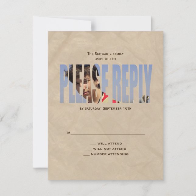 Bar Mitzvah Photo RSVP Reply Card em Tan (Frente)