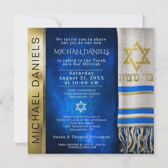 Bar Mitzvah Prayer Shawl Convite (Frente)