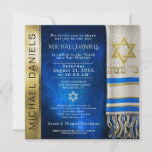 Bar Mitzvah Prayer Shawl Convite<br><div class="desc">Personalize este convite de ouro e Bar azul Mitzvah com um xale de oração em azul e Estrela de David.</div>
