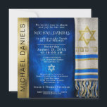 Bar Mitzvah Prayer Shawl Convite<br><div class="desc">Personalize este convite de ouro e Bar azul Mitzvah com um xale de oração em azul e Estrela de David.</div>