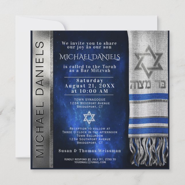 Bar Mitzvah Prayer Shawl Convite (Frente)