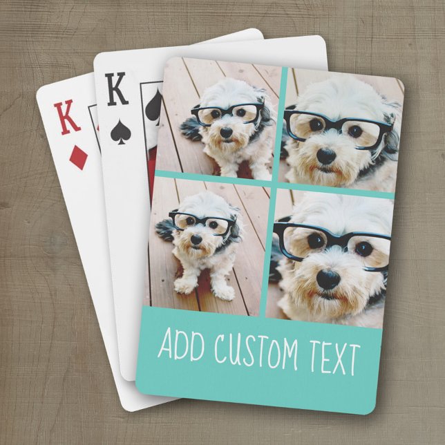 Baralho 4 Colagem de Fotos - o texto funk pode mudar o azu (Personalized playing cards with a fun area to add photos and text such as a name or monogram)