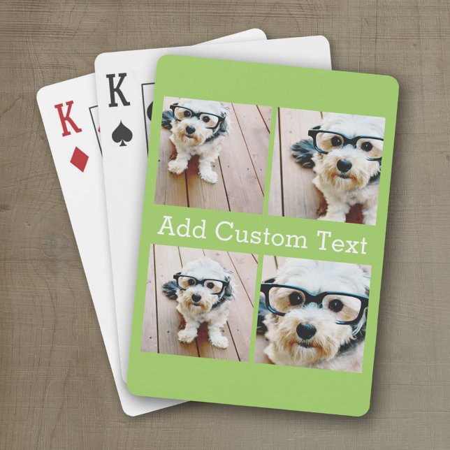 Baralho 4 Colagem de Fotos - Texto White Serif - Verde lim (Personalized playing cards with photos and custom text)