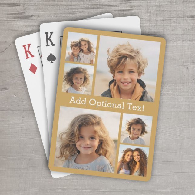 Baralho 6 Colagem de Fotografias Texto Opcional — Dourado (Personalized Playing Cards - 6 Photo Collage)