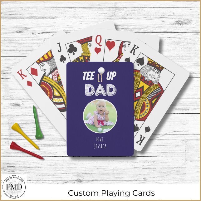 Baralho Acesse Pai Personalizado Marinho Dia de os pais de (Custom Father's Day Photo Tee It Up Dad Navy Playing Cards. Add your Photo, Child's Name.)