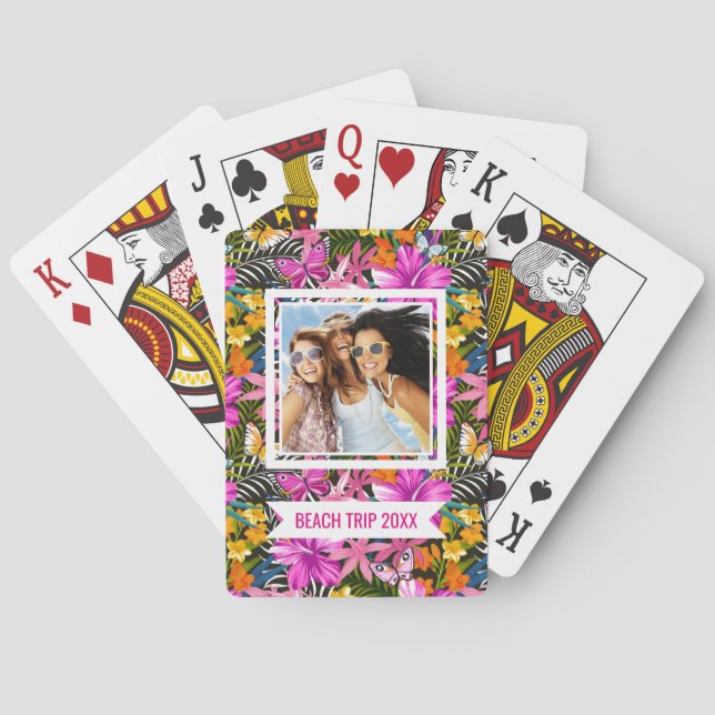 Baralho Adicione seu nome | Folhas tropicais e flores (Verso)