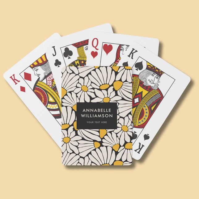 Baralho Amarelo amarelo-palha retrorreflector (Retro floral playing cards in yellow/cream boho floral on black. Personalize with your own name/text)