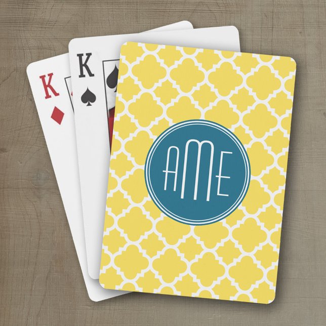 Baralho Amarelo e monograma do costume do teste padrão de (Personalized playing cards with a fun area to add text such as a name or monogram)