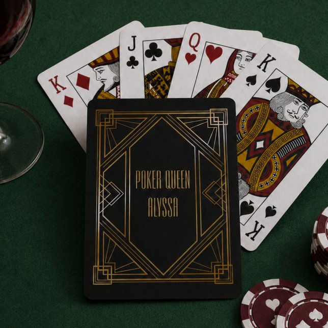 Baralho Art Deco Preto e Dourado (elegant art deco black gold poker queen playing cards with custom monogram name)