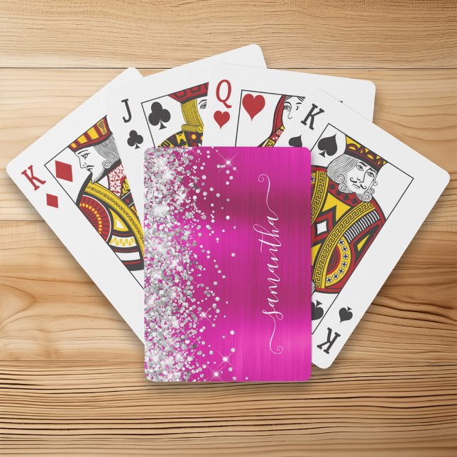 Baralho Assinatura Cinzenta Rosa-Quente da Folha de Prata (Silver Glitter Hot Pink Foil Girly Signature Poker Cards)