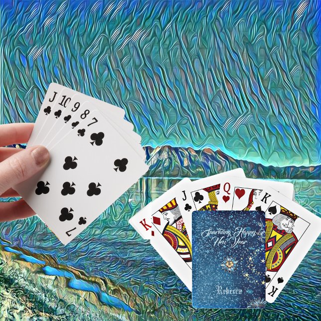 Baralho Azul Espumante de Ano Novo Estrelas Brilhantes (Blue Sparkling New Year Glitter Cheer Stars Floral Playing Cards)