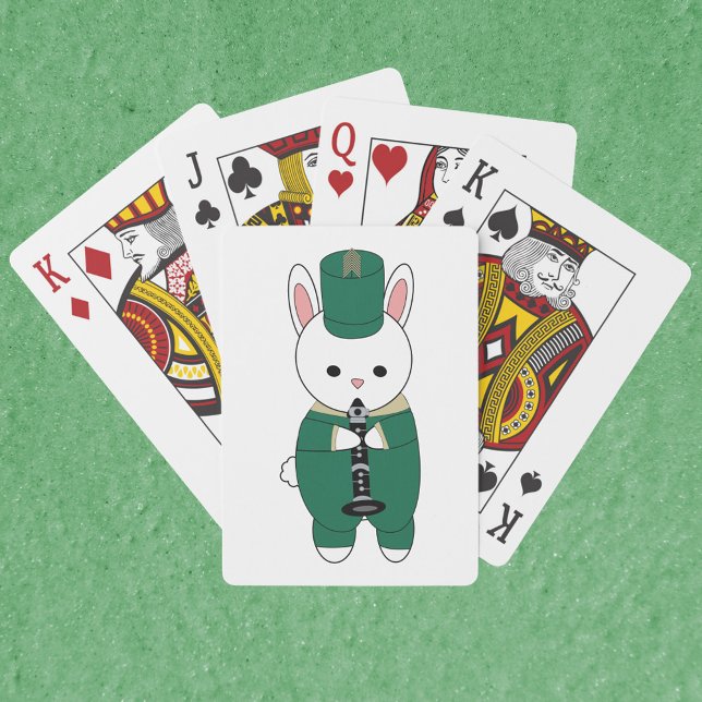 Baralho Banda Marcha Clarinet Rabbit Dourado (A deck of cards with a rabbit playing the clarinet in a green and gold marching band uniform.)