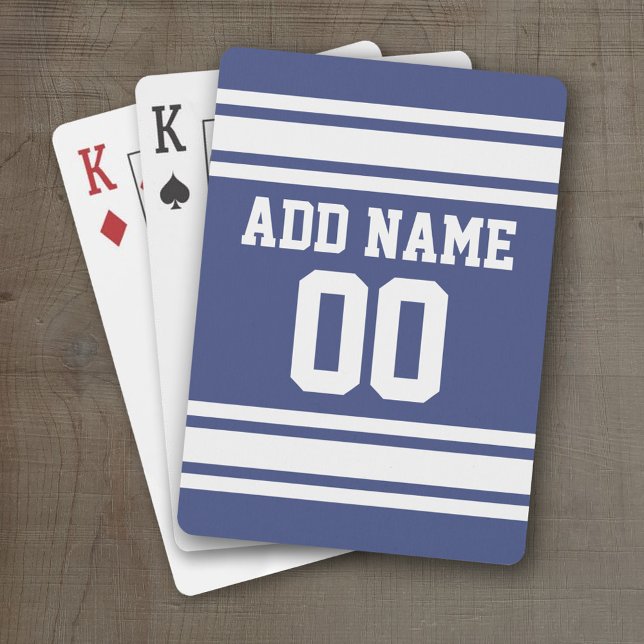 Baralho Bandas Azuis e Brancas com Nome e Número (Personalized Playing Cards - Sports Jersey Design)
