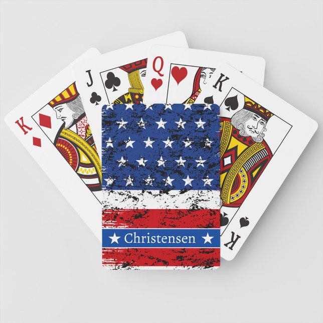 Baralho Bandeira Americana 4 de julho Nome Veterano Patrió (American Flag 4th of July Patriotic Veteran Name Poker Cards)
