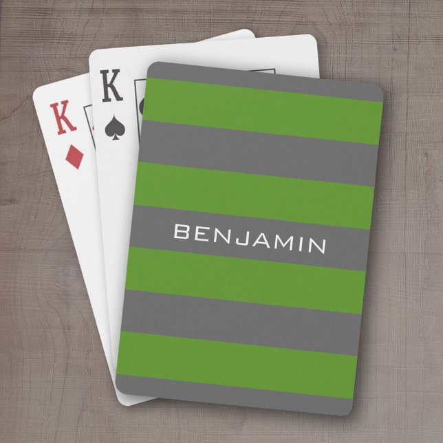 Baralho Bandeiras verdes e Cinzas de Rugby com nome person (Personalized playing cards - sporty, preppy stripe pattern with name. Great gift for the guys!)