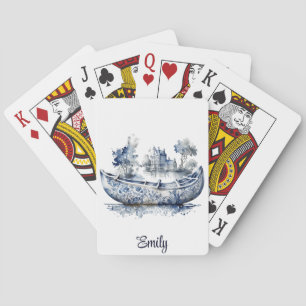 Baralho Barco estilo Delft azul e branco com cena de aldei