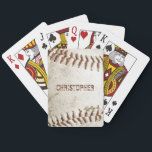 Baralho Baseball Vintage Personalizado<br><div class="desc">Uma foto de um beisebol vintage vestido fornece o pano de fundo para esses cartões de jogar personalizados. Adicione o seu nome a fontes de sans serif amargas em apuros numa sombra de castanho avermelhado que corresponda à costura. Ideal para o fã de beisebol ou esporte na sua lista de...</div>