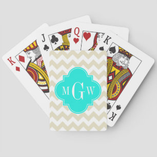 Baralho Beige White Chevron Aqua Quatrefoil 3 Monograma