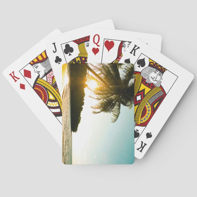Baralho Belo pôr do sol em praia tropical com palmeiras (Verso)