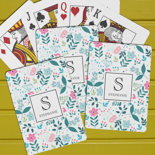 Baralho Blue and Pink Floral Pattern with Monogram Name (Criador carregado)