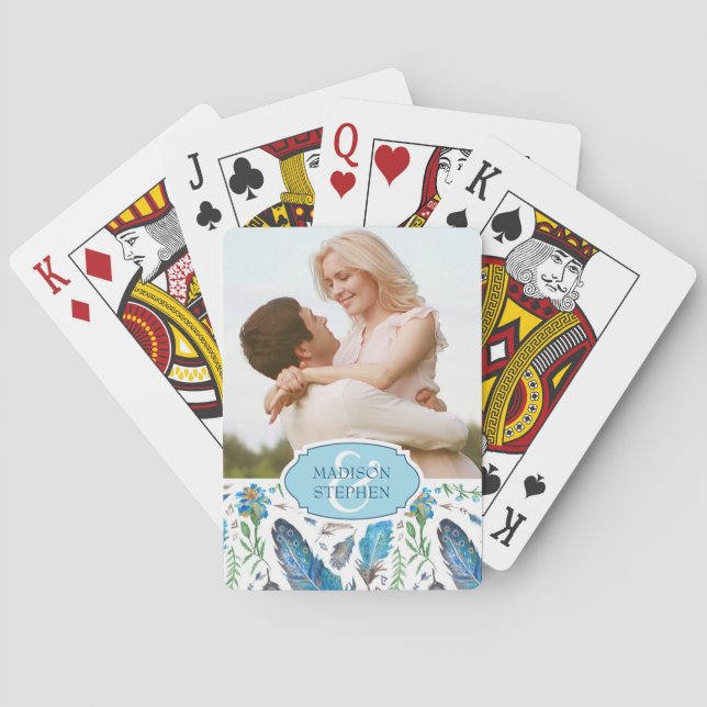 Baralho Blue Boho Aztec Watercolor - Foto de Casamento (Verso)