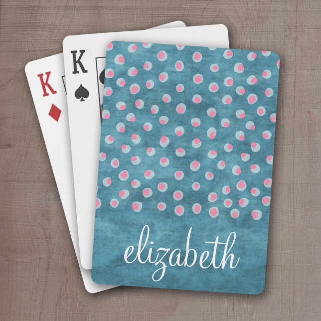 Baralho Bolinhas de água - azul e rosa (Personalize this set of playing cards with a monogram and funky pink polka dots)
