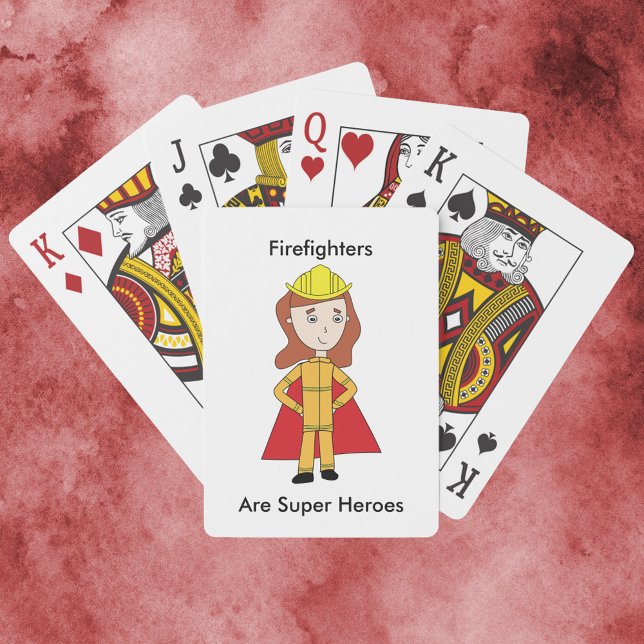 Baralho Bombeiros São Super Heróis Mulheres Engraçadas (A deck of playing cards featuring a woman firefighter and the text, "Firefighters Are Super Heroes".)