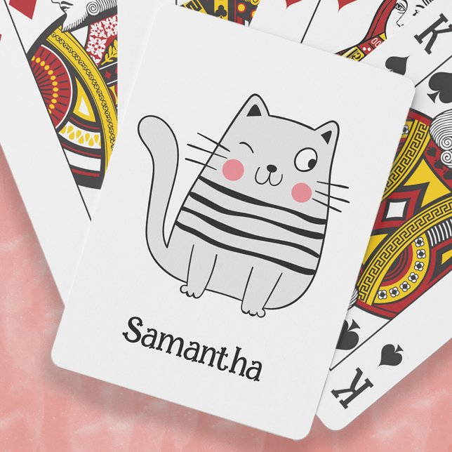 Baralho Bonita Engraçada Nome de Vestígio de Gato Monogram (Cute, funny winking cat playing cards. Personalize with your name.)