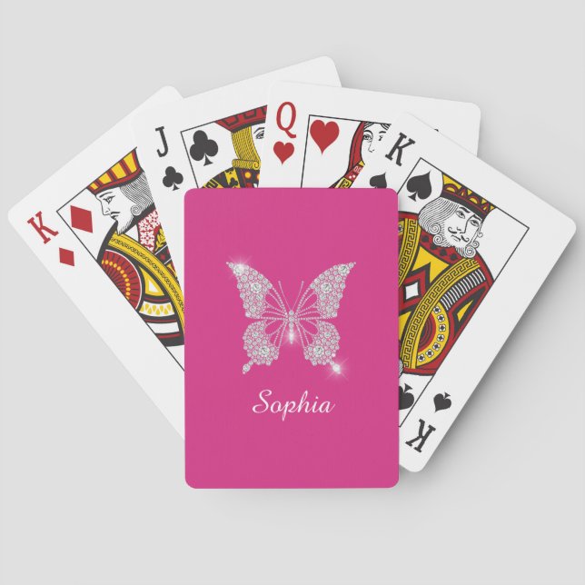Baralho Borboleta Diamante Branco, Nome em Letra, Fuchsia (Verso)