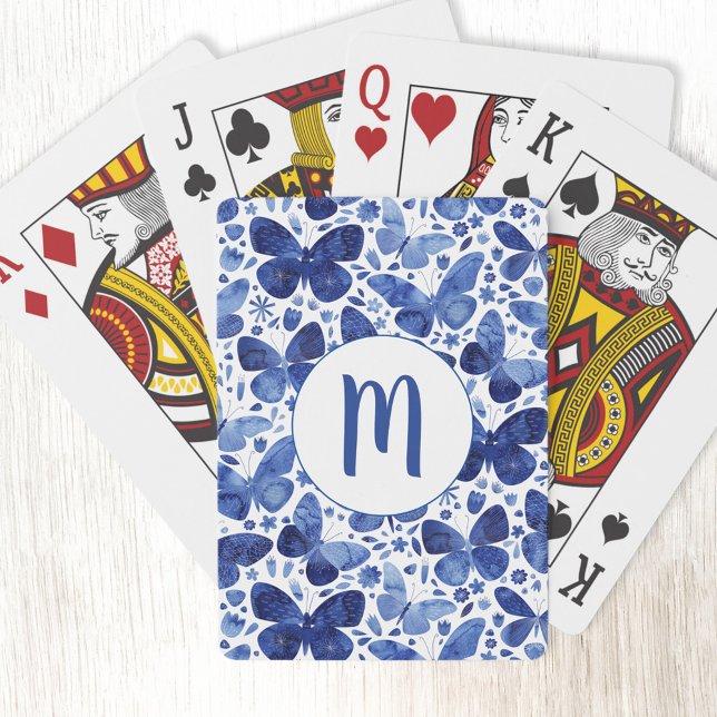 Baralho Borboletas Aquarela Monograma Azul (Blue and white butterfly watercolor monogram initial personalized playing cards)