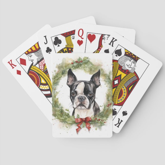 Baralho Boston Terrier Christmas Wreath Festivo Pup (Verso)