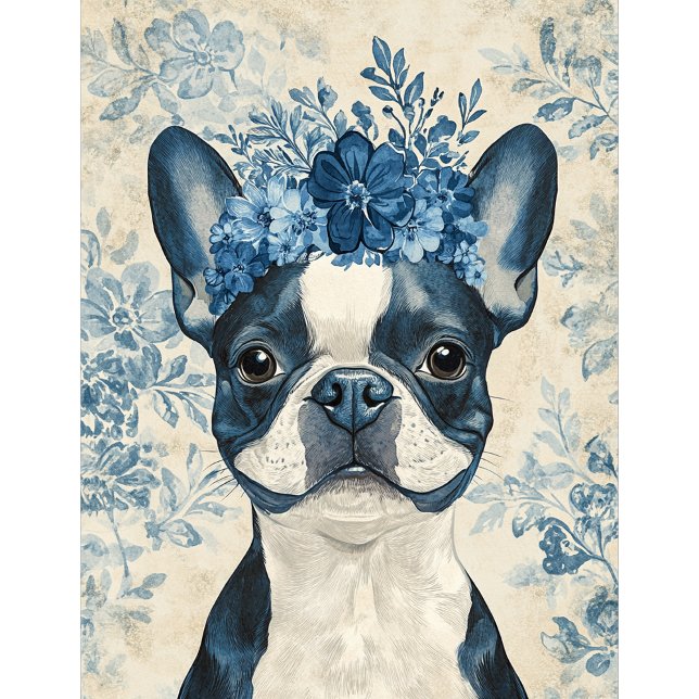 Baralho Boston Terrier Dog Blue Floral (Criador carregado)