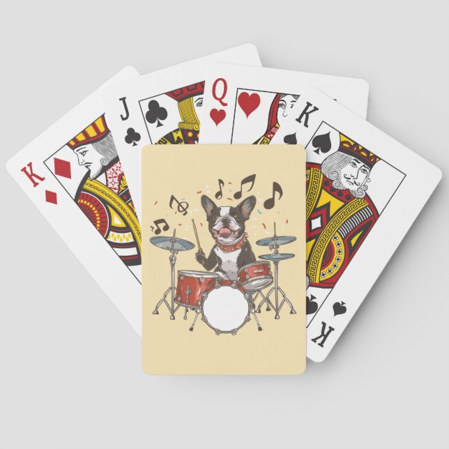 Baralho Boston Terrier Dog Playing Drums (Verso)